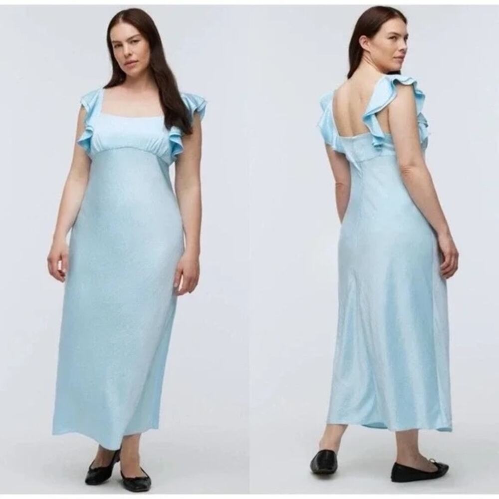 Madewell Flutter Ruffle Sleeve Satin Maxi Slip Dress Clarity Blue 6